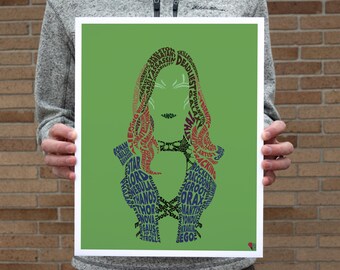 May include: A green background with a silhouette of a female character made up of words related to the Marvel Cinematic Universe. The words are in red, blue, and black.