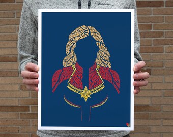 May include: A blue poster with a silhouette of Captain Marvel made from words related to her powers and abilities. The words are in yellow and red.