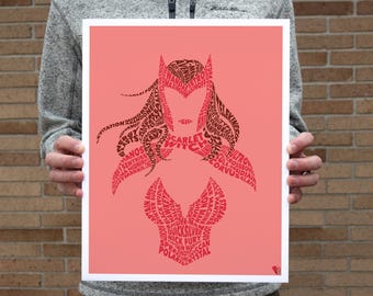 May include: A pink poster with a red silhouette of Scarlet Witch, made up of words related to the Marvel universe. The words include "Scarlet Witch", "Thanos", "Iron Man", "Captain America", "Thor", "Hulk", "Spider-Man", "Black Widow", "Hawkeye", "Vision", "Quicksilver", "Nick Fury", "Ultron", "Corvus Glaive", "Proxima Midnight", "Ebony Maw", "Cull Obsidian", "Doctor Strange", "Wong", "Shuri", "Captain Marvel", "Polaris", "Crystal", "and more.