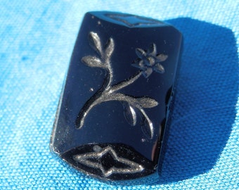 ANTIQUE Etched Black Glass  Button  1800's Floral