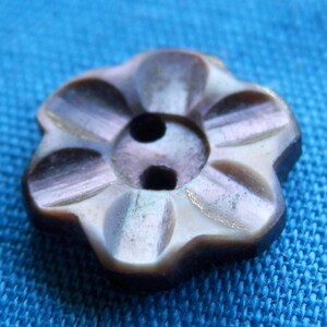 Può includere: Un bottone a forma di fiore di colore bianco perlato con un centro grigio scuro. Il bottone ha un design in rilievo testurizzato.