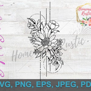 Digital File - Floral, flowers. Line Art Floral Tattoo Style Design. SVG PDF PNG eps jpeg. For laser engraving, glowforge, cricut