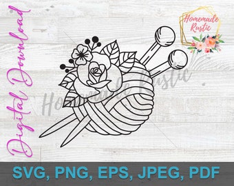 Plik cyfrowy - Dzianie kwiatowy tatuaż styl linia sztuki projekt. SVG PDF PNG eps jpeg. Do grawerowania laserowego, glowforge, cricut