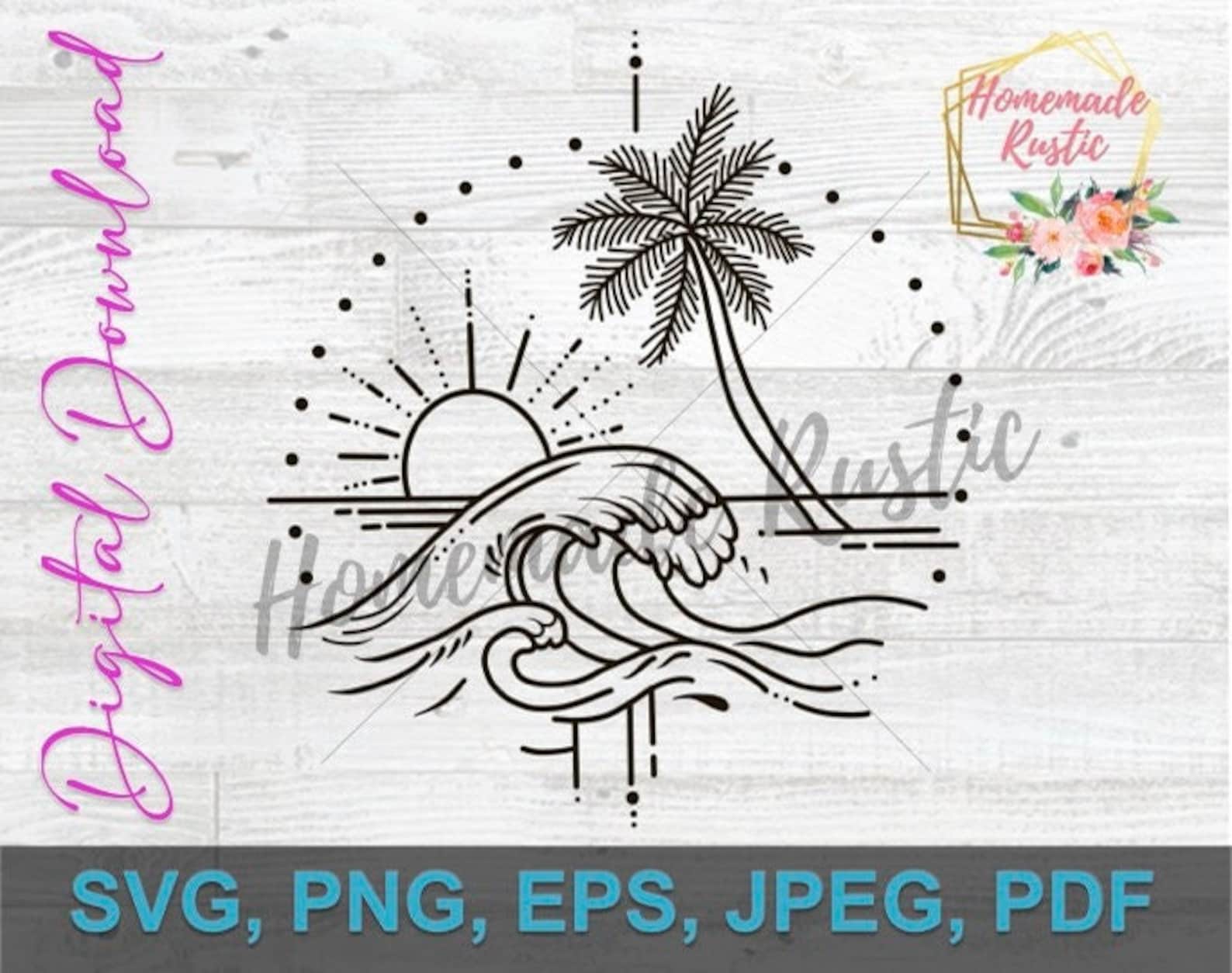 Digital File - Waves, Beach, Palm Tree, Sun. Nautical Tattoo Style ...