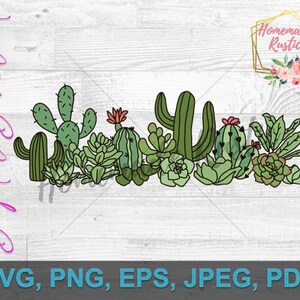 May include: A digital download of a line art illustration of a row of cacti and succulents. The cacti are green with pink flowers and the succulents are green with brown accents. The illustration is perfect for crafting projects, scrapbooking, and digital design.