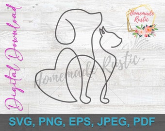 Plik cyfrowy - Serce, pies, projekt kota. Styl tatuażu, projekt linii. SVG PDF PNG eps jpeg. Do grawerowania laserowego, glowforge, cricut