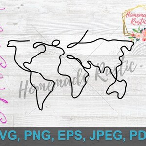 以下が含まれることがあります： 世界地図の白黒の線画。地図は1本の連続した線で描かれている。画像の右上に「Homemade Rustic」というテキストがある。