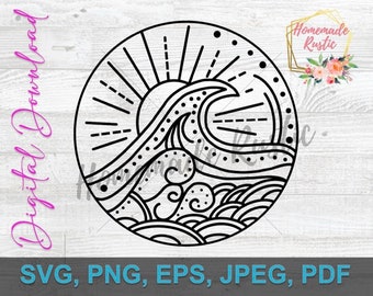 Plik cyfrowy - Fale i słońce. Projekt tatuażu w stylu marynistycznym Line Art. SVG PDF PNG eps jpeg. Do grawerowania laserowego, glowforge, cricut