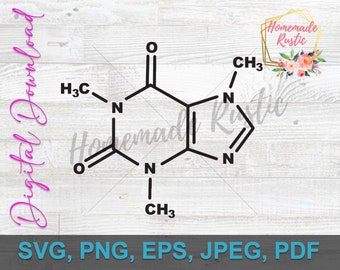 Plik cyfrowy - Kofeina, ręcznie rysowany projekt. SVG PDF PNG eps jpeg. Do grawerowania laserowego, glowforge, cricut