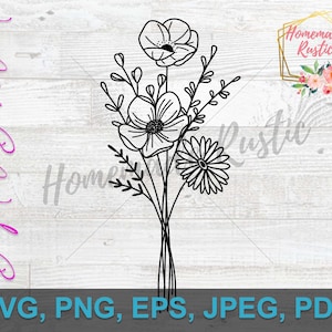 Digital File - Flowers, wildflowers. Line Art Tattoo Style Design. SVG PDF PNG eps jpeg. For laser engraving, glowforge, cricut