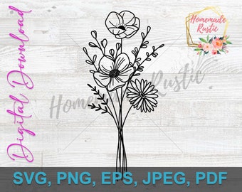 Plik cyfrowy - Kwiaty, kwiaty polne. Projekt tatuażu w stylu Line Art. SVG PDF PNG eps jpeg. Do grawerowania laserowego, glowforge, cricut