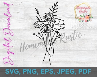 Plik cyfrowy - Kwiaty, kwiaty polne. Projekt tatuażu w stylu Line Art. SVG PDF PNG eps jpeg. Do grawerowania laserowego, glowforge, cricut