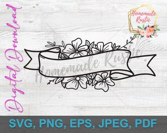 Plik cyfrowy - Baner kwiatowy - Projekt tatuażu w stylu liniowym kwiatowym. SVG PDF PNG eps jpeg. Do grawerowania laserowego, glowforge, cricut - kwiaty