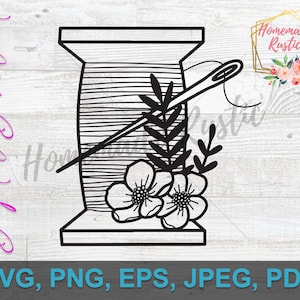 May include: Black and white line art illustration of a spool of thread with a needle and thread going through it.  Flowers and leaves are around the spool.  The text "Homemade Rustic" is in the upper right corner of the image.