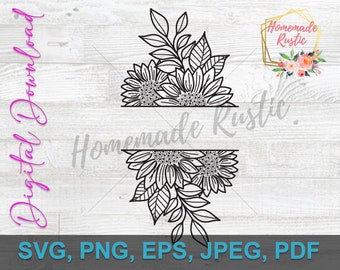 Plik cyfrowy - Słoneczniki - Projekt tatuażu w stylu kwiatowym w stylu liniowym. SVG PDF PNG eps jpeg. Do grawerowania laserowego, glowforge, cricut - kwiaty