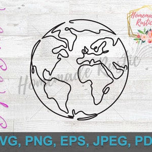 May include: A black and white line drawing of the Earth, with continents and oceans outlined. The drawing is in a simple, minimalist style.