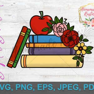 Puede incluir: Una pila de cinco libros coloridos con una manzana roja en la parte superior. Los libros están decorados con un arreglo floral de flores rosas, rojas y amarillas.