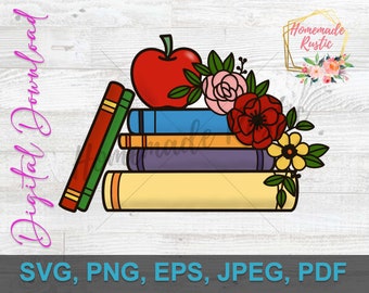 Plik cyfrowy - Pełnokolorowe książki z motywem kwiatowym i projekt nauczyciela z jabłkiem. SVG PDF PNG eps jpeg. Do druku, sublimacji, użytku cyfrowego