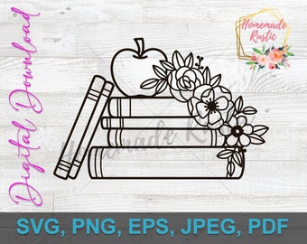 Plik cyfrowy - Apple, Książki, Kwiaty, Projekt tatuażu w stylu kwiatowym Line Art. SVG PDF PNG eps jpeg. Do grawerowania laserowego, glowforge, cricut