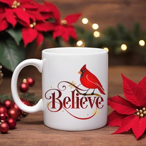Red Cardinal Theme Christmas Ceramic Mug, Holiday Coffee Cup, Festive Winter Drinkware, Gift for Bird Lover
