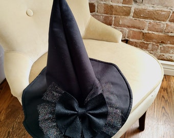 Girls Witch Hat: Black Cotton Costume with Glitter Bow