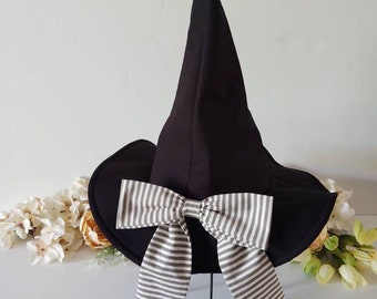 Girls Witch Costume Hat: Black Cotton, Striped Bow, Halloween Photo Prop