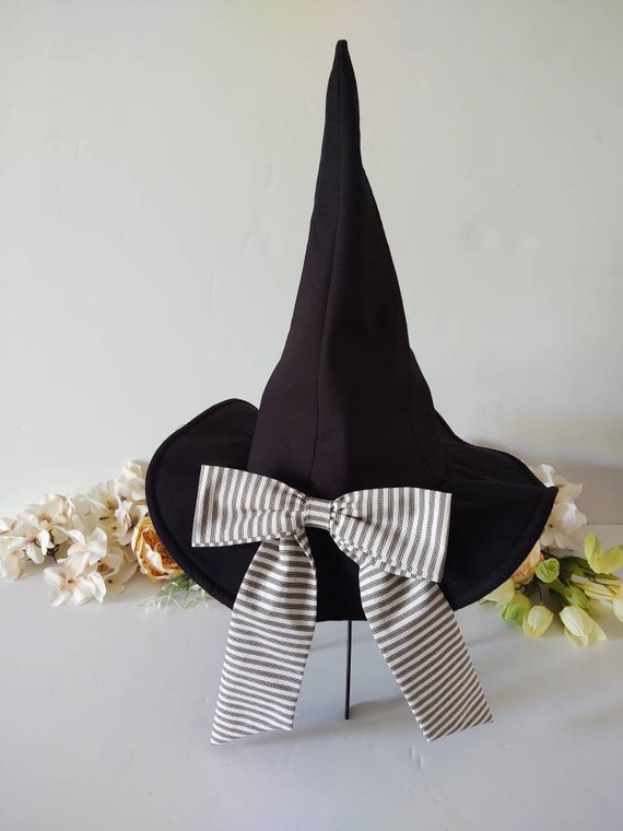 Girls Witch Costume Hat: Black Cotton, Striped Bow, Halloween Photo Prop