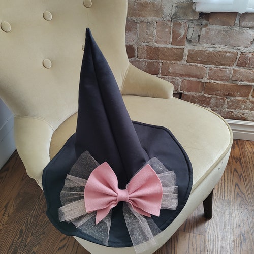 Girls Witch Hat Costume: Black Cotton, Pink Bow, Halloween Photo Prop
