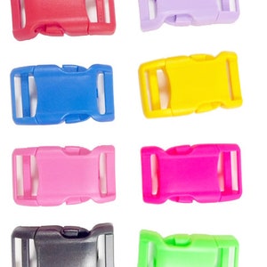 May include: Eight plastic side release buckles in various colors: red, blue, pink, yellow, black, purple, green, and lime green. The buckles are all the same size and shape.