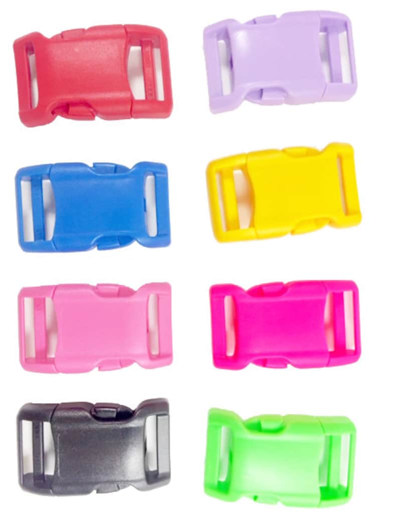 May include: Eight plastic side release buckles in various colors: red, blue, pink, yellow, black, purple, green, and lime green. The buckles are all the same size and shape.