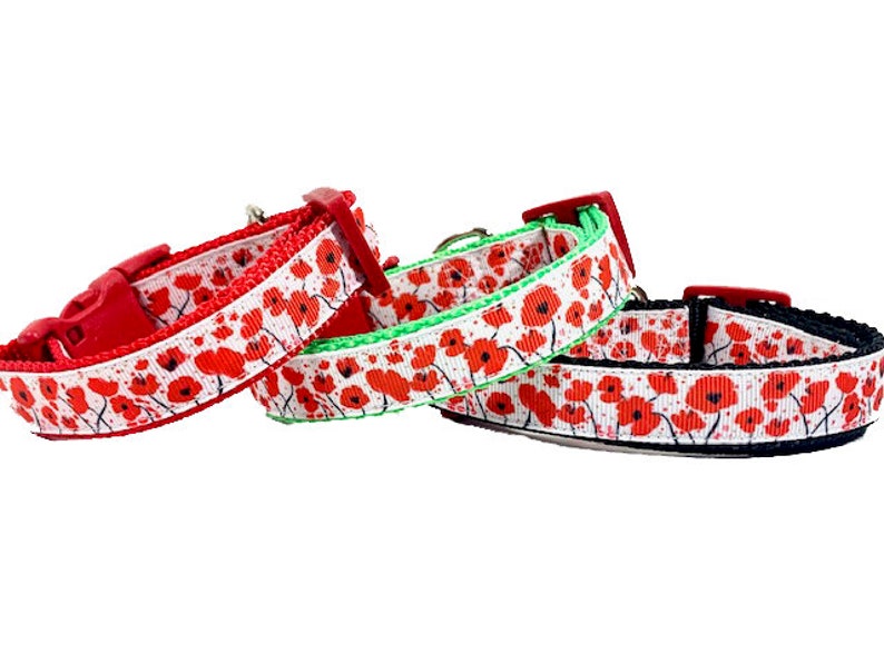 May include: Three dog collars with a white background and red poppy flower pattern. The collars are red, green, and black.