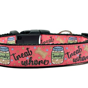 Pode incluir: Coleira de cachorro rosa com texto preto que diz "Treats whonever" e um padr&atilde;o de ossos de cachorro e potes de guloseimas.