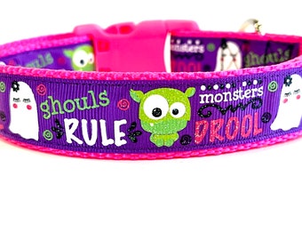 Ghouls Rule, Monsters Drool Halloween Dog Collar, Cute Dog Collar, Monster dog collar, Halloween dog