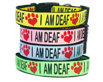 I AM DEAF Dog Collar or Leash, Dog with Special Needs, Deaf, Awareness, Caution, Bright, Impaired, Yellow, Safety