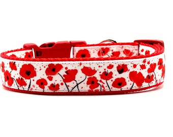 Poppy Flower Dog Collar: Red Garden Design