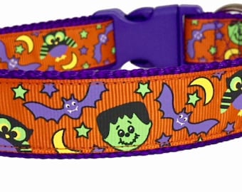 Halloween Dog Collar, Owls, Bats & Frankenstein Halloween Dog Collar,