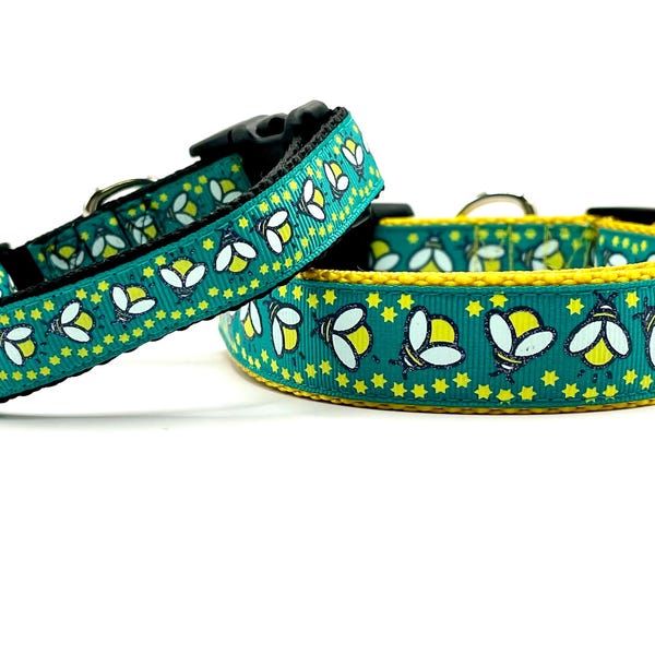 Collar o correa para perro Firefly: diseño de insectos de jardín verde azulado