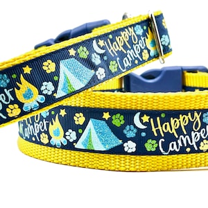 Happy Camper hondenhalsband, campinghalsband, avontuurlijke hondenhalsband, tenthalsband, kampvuurhond, Vaderdag hondencadeau