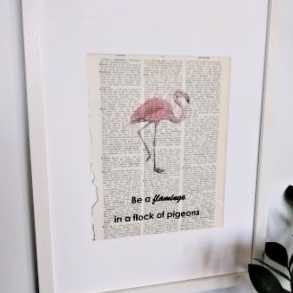 Flamingo in Flock of Pigeons Dictionary Art Print Book Page Art, Home Decor, Women's Gift Idea, Unique