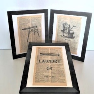 Set of 3 Dictionary Art Prints Vintage Laundry Room Sign Book Page Art, Wringer Washer Washing Machine, Wood Ironing Board & Clothespin