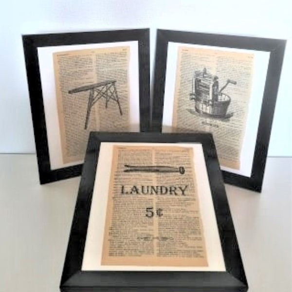 Set of 3 Dictionary Art Prints Vintage Laundry Room Sign Book Page Art, Wringer Washer Washing Machine, Wood Ironing Board & Clothespin