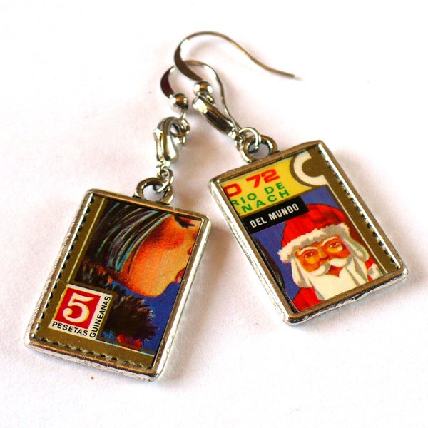 Christmas in July Earrings Eco-Design Upcycled Postage Stamp Equatorial Guinea Reversible Jewelry Santa Claus Virgin Mary