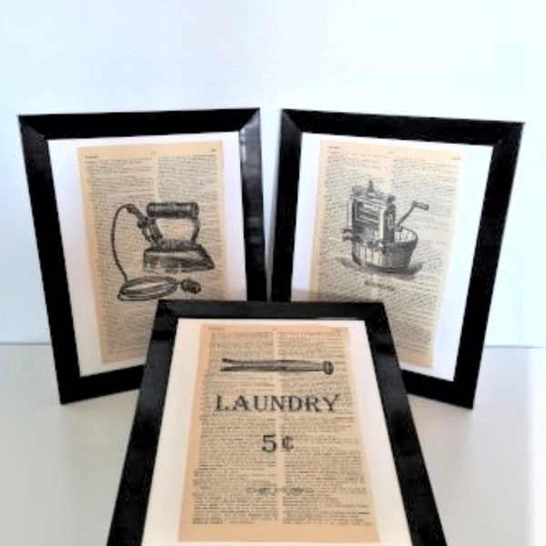 Set of 3 Dictionary Art Prints Vintage Laundry Room Sign Book Page Art, Wringer Washer Washing Machine, Vintage Iron & Clothespin
