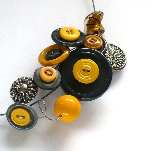Button Necklace Eco-design Upcycled STATEMENT Jewelry Ochre Yellow Charcoal Grey Vintage Pewter Metal Buttons