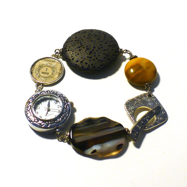 Womens' Watch, Postage Stamp & Gemstone Bracelet Eco-design Stainless Steel Jewelry