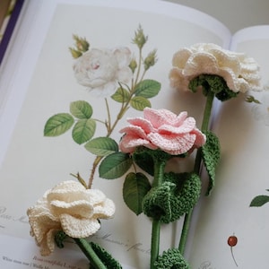 Puede incluir: Tres rosas de ganchillo en rosa y blanco, con tallos y hojas de ganchillo verdes, están dispuestas sobre un libro abierto con una ilustración botánica de una rosa blanca.