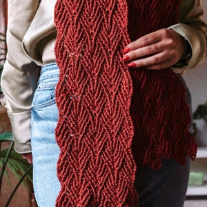 Peut inclure: Un gros plan sur une écharpe en crochet rouge avec un motif en chevron. L'écharpe est tenue par une personne portant un jean bleu.