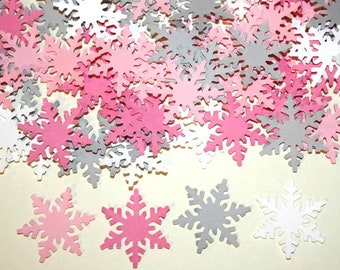 Snowflake Confetti, Pink White and Gray Snowflake Cut Outs, Pink Winter Wonderland Party Decorations (100 CT)