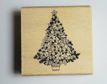 Christmas Tree Rubber Stamp, Decorated Trimmed Christmas Tree, Christmas Pine Tree, Holiday DIY Crafting and Card Making