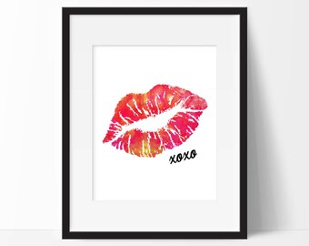 Lips Print, Watercolor Lips Print, XOXO Hugs and Kisses Instant Download Wall Art, Kiss Print Valentines Day Decor, Printable Kiss Decor